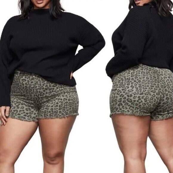 Good American high waist leopard animal olive sage camo green cut off shorts 24